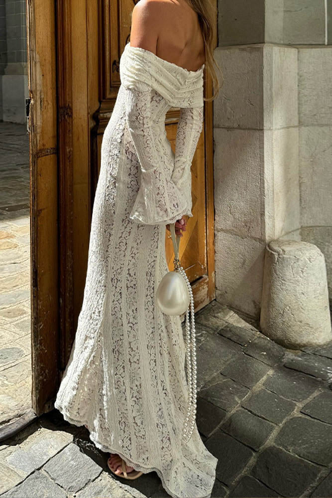 Lace Flared Sleeve off-Shoulder Dress-ROVOLE