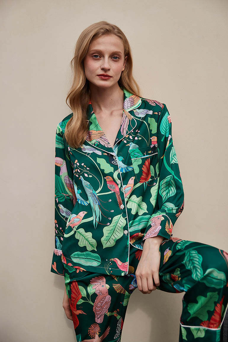 Green Parrot Print Silk Pajama Set-ROVOLE
