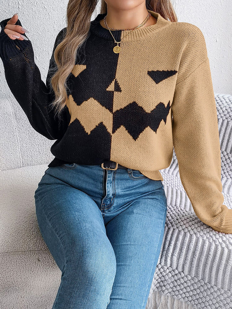 Ghost Pattern Long Sleeve Crew Neck Sweater-ROVOLE