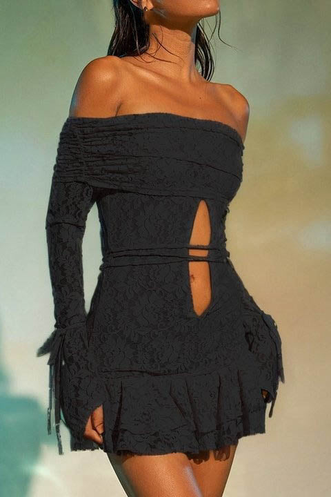 Elegant Ruffled Jacquard Off-Shoulder Mini Dress-ROVOLE