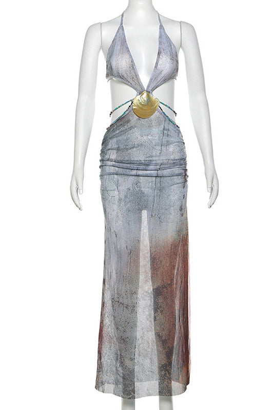 Eve Halterneck Shell Trim Maxi Mesh Dress-ROVOLE