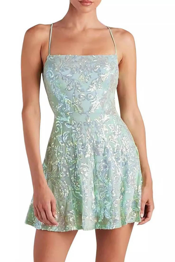 Sleeveless Sequin Strap Mini Dress-ROVOLE