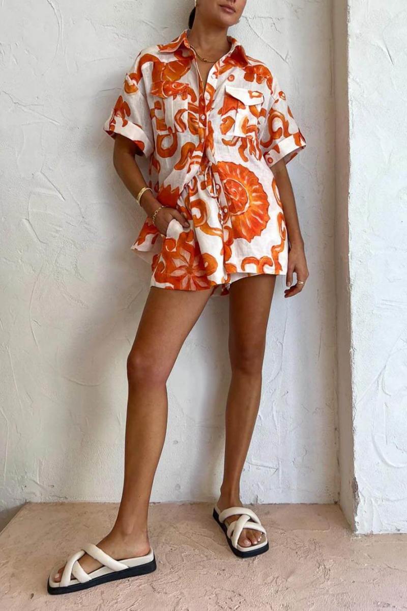 Unique Printed Shorts Lapel Loose Shirt Set-ROVOLE