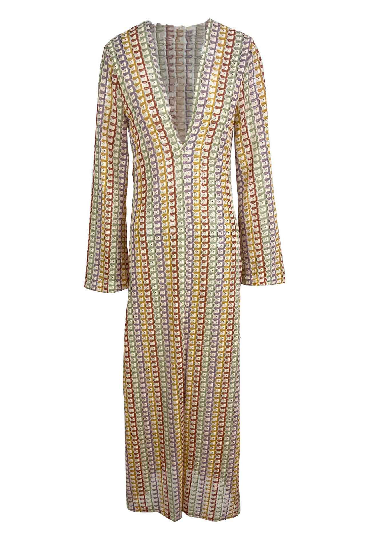 Boho V Neck Bell Sleeve Wavy Striped Crochet Beach Vacation Maxi Dress-ROVOLE