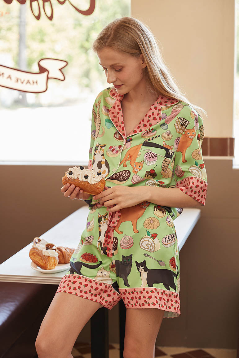 Coffee Cat Shorts Pajama Set-ROVOLE