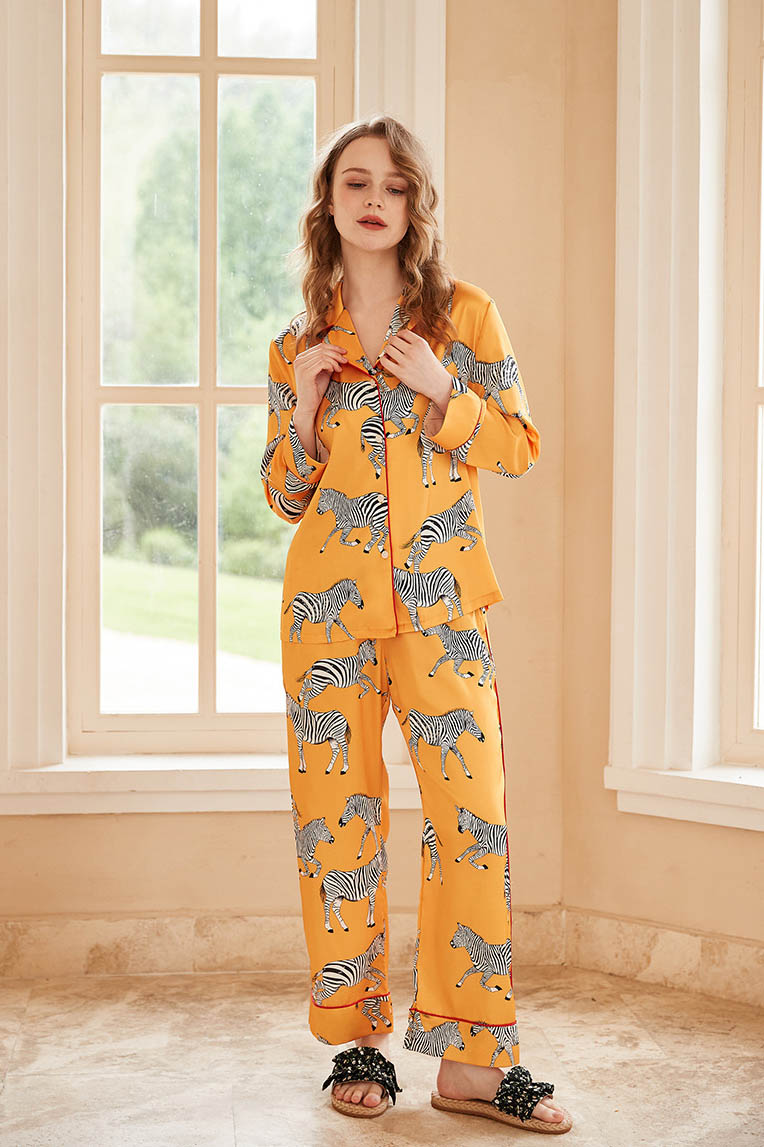 Zebra Print Long Sleeve Loungewear Set - Yellow-ROVOLE