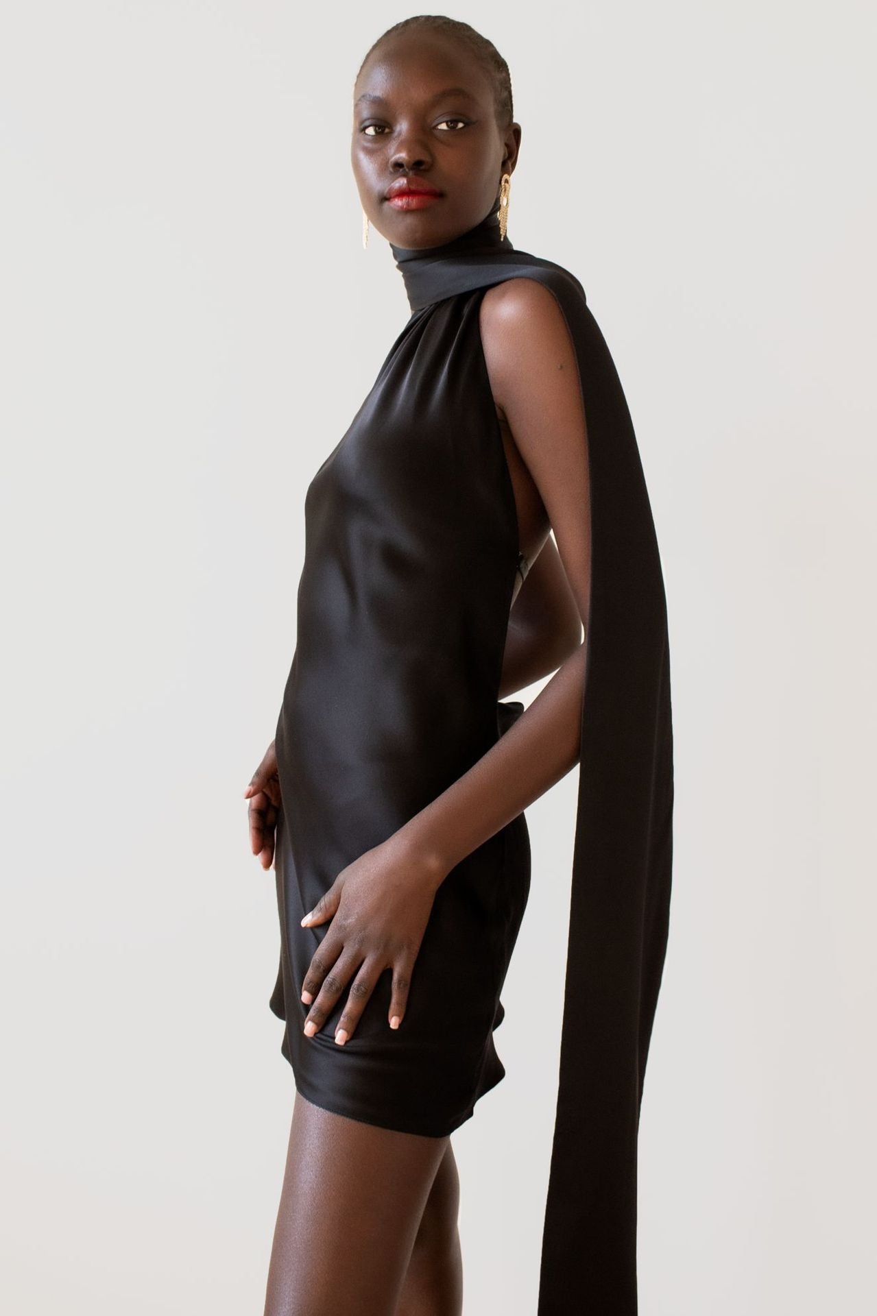 Backless Halter Satin Mini Dress-ROVOLE