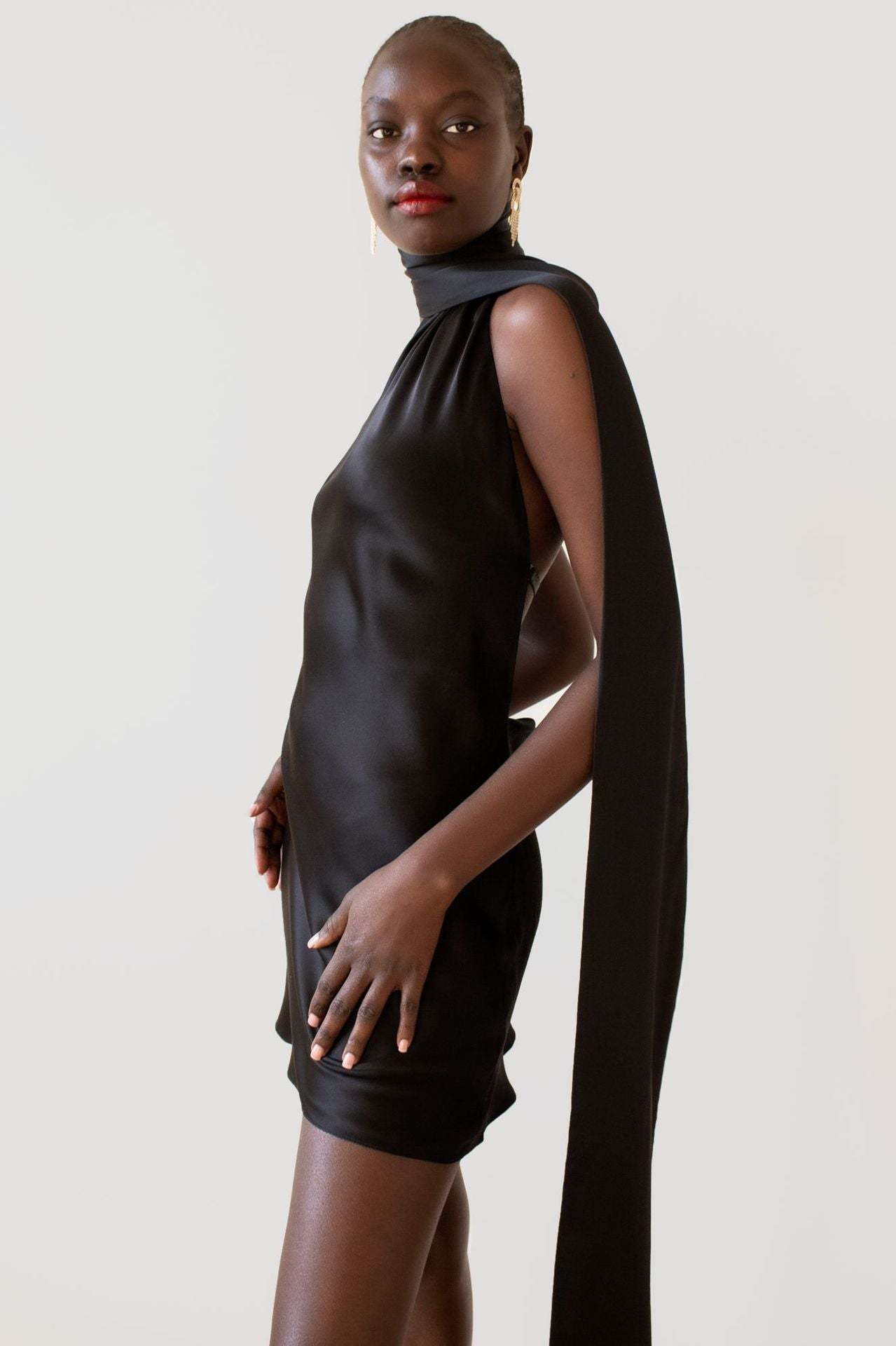 Backless Halter Satin Mini Dress-ROVOLE