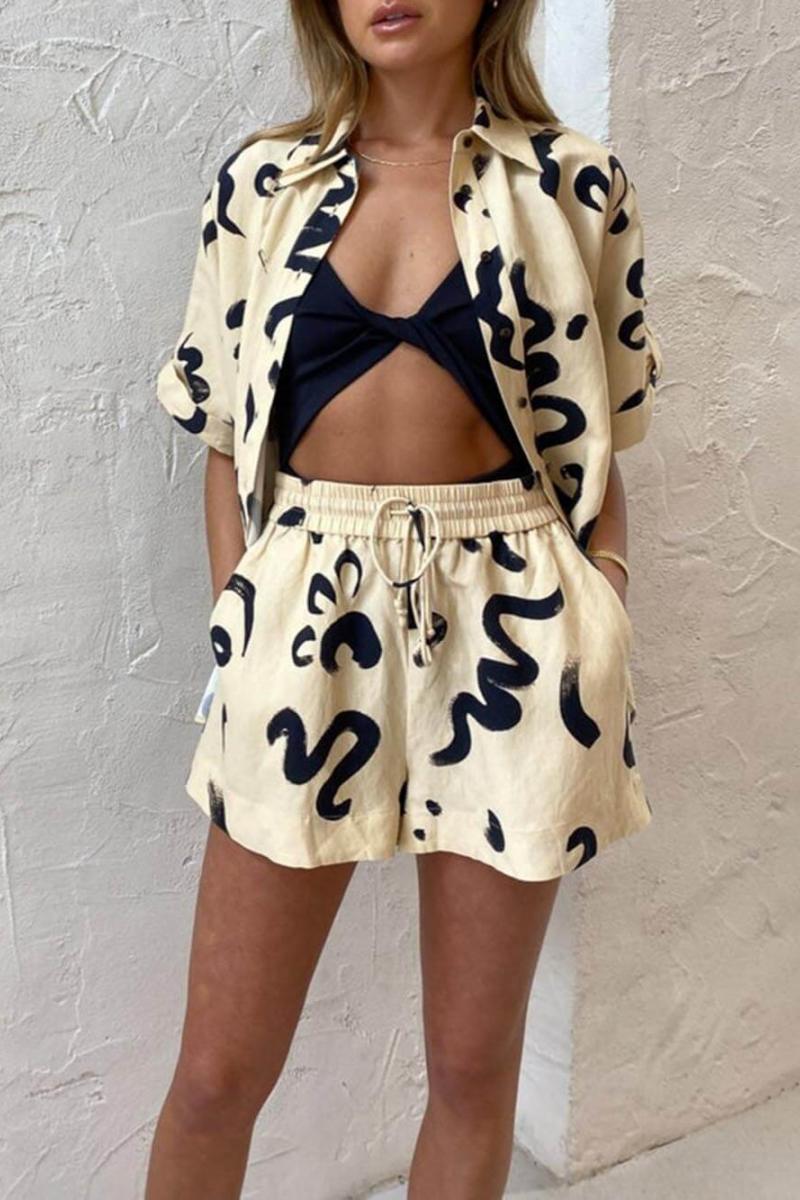 Unique Warm Sun Print Loose Shirt Shorts Set-ROVOLE