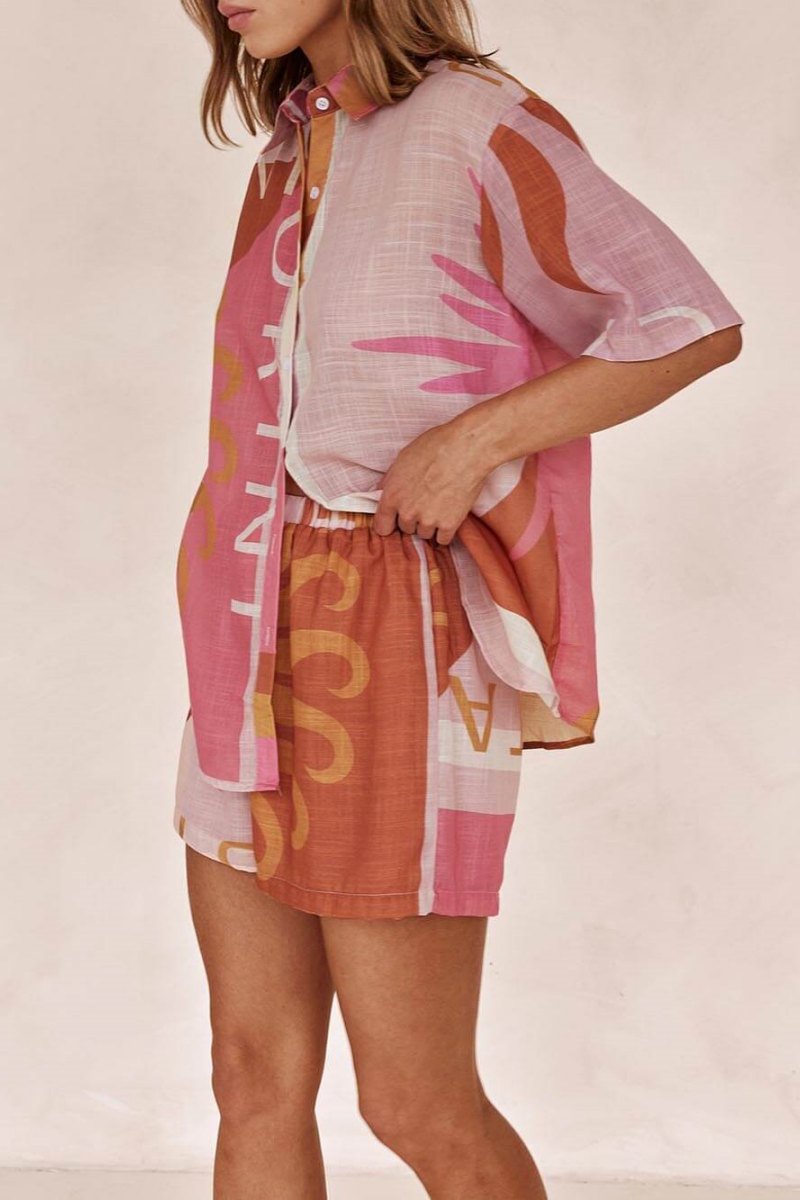 Bright Sun Loose Printed Vacation Shirt Shorts Set-ROVOLE