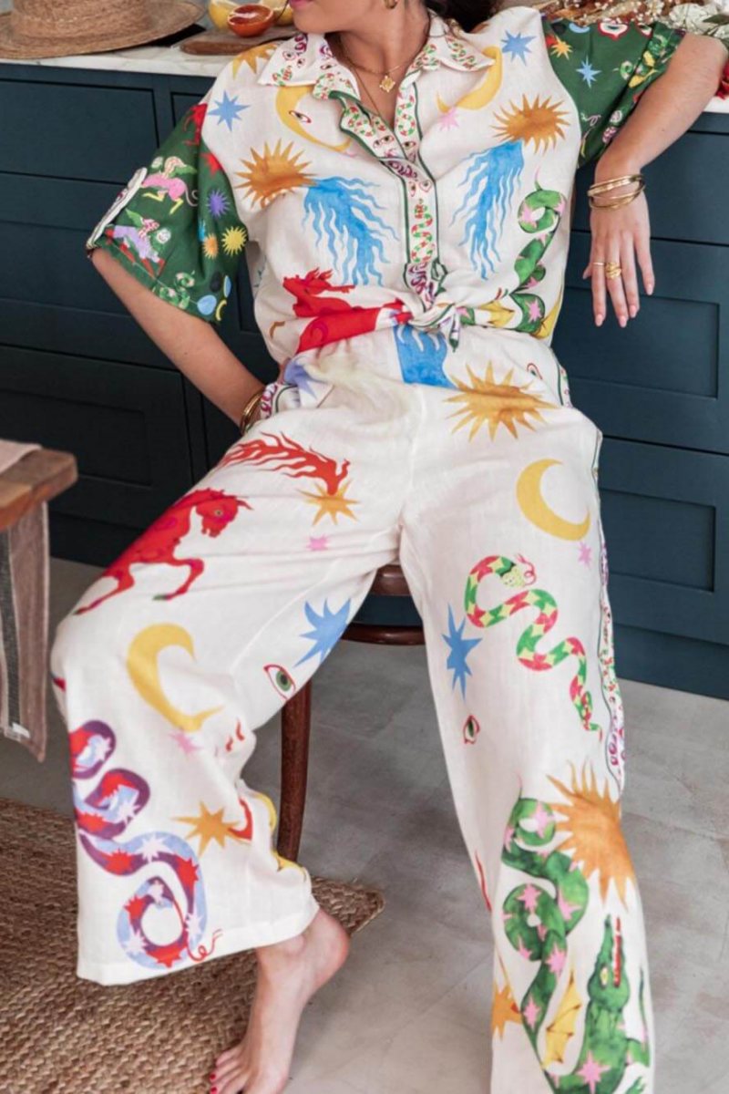 Unique Print Short Sleeve Loose Shirt And Elastic Waist Pants Set-ROVOLE
