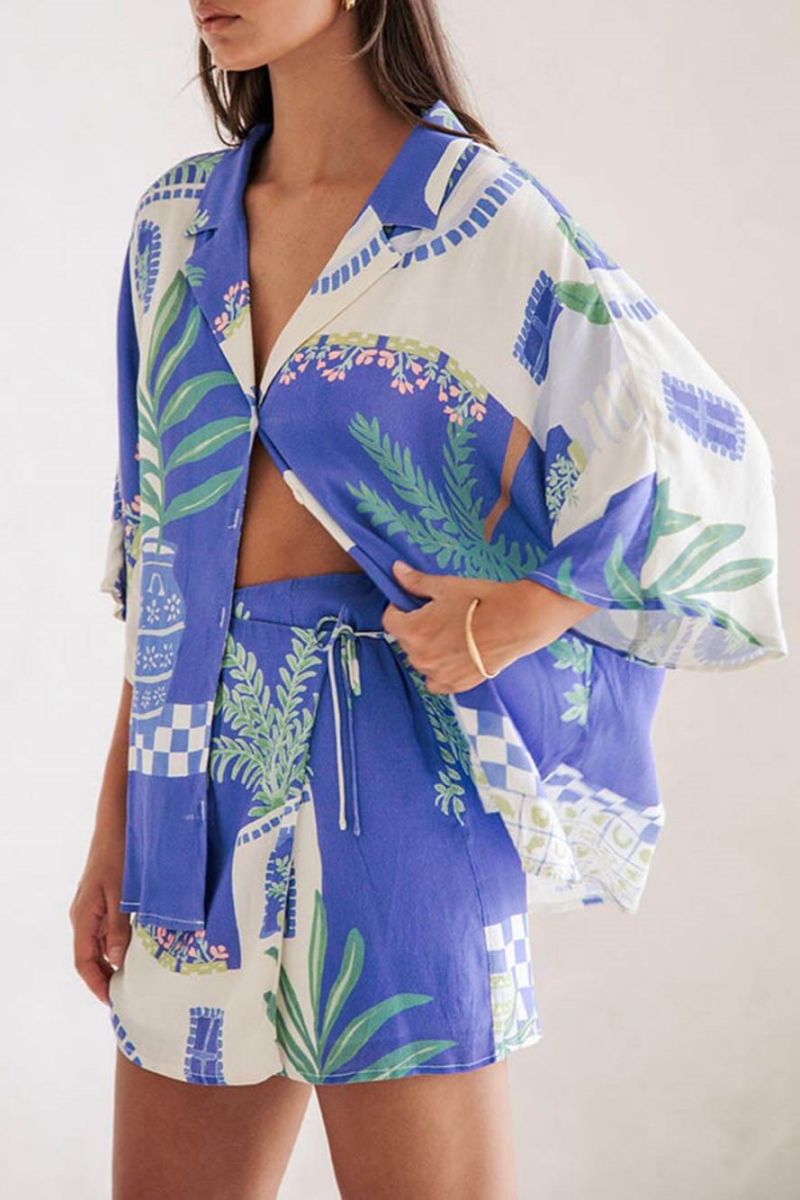 Unique Print Loose Shirt And Elastic Waist Wrap Lace-Up Skirt Set-ROVOLE