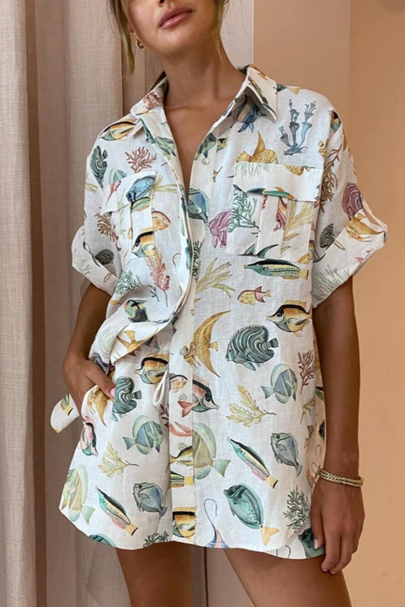 Personalized Fish Print Vacation Short Sleeve Shirt Tie-Dye Shorts Set-ROVOLE