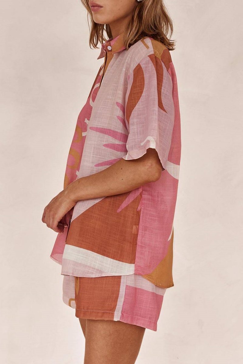 Bright Sun Loose Printed Vacation Shirt Shorts Set-ROVOLE
