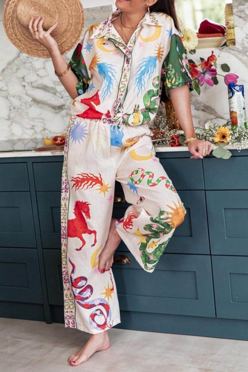 Unique Print Short Sleeve Loose Shirt And Elastic Waist Pants Set-ROVOLE