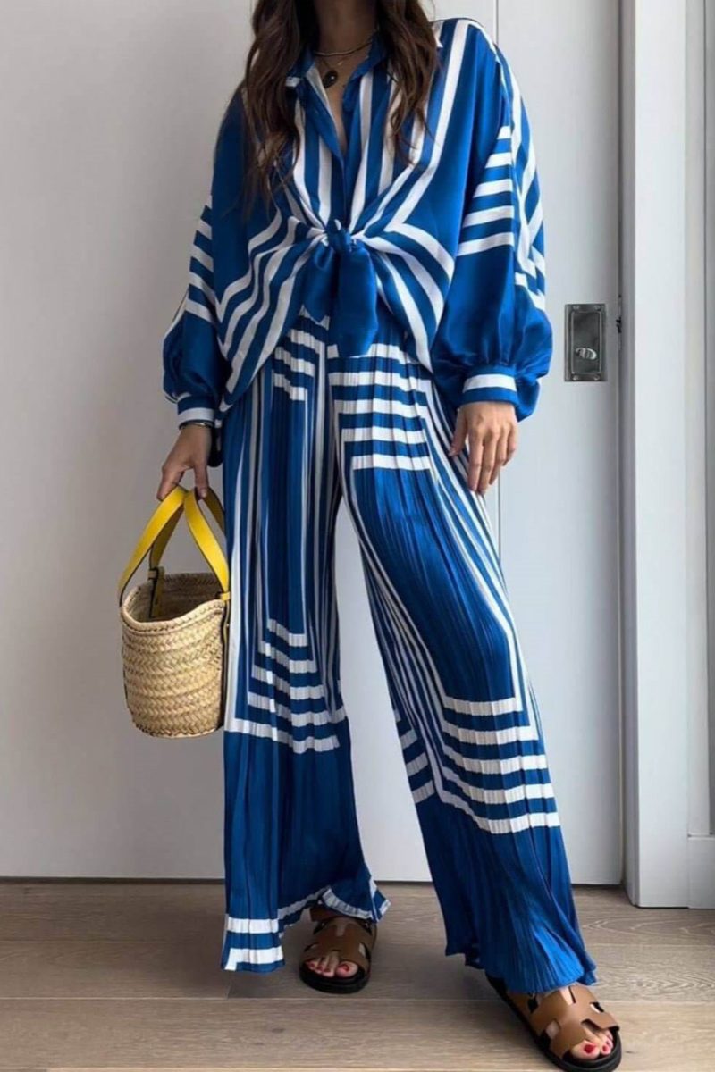 Geometric Striped Print Long Sleeve Shirt & Wide Leg Pants Sets-ROVOLE