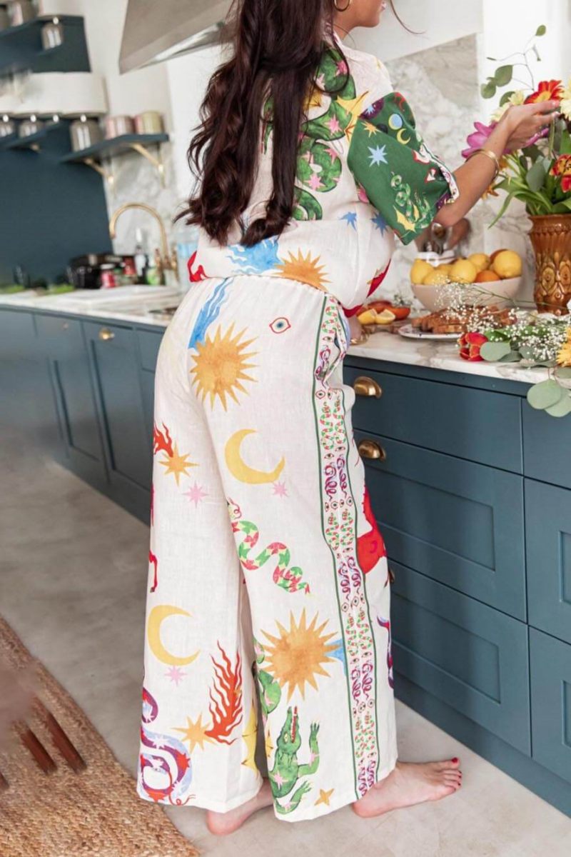 Unique Print Short Sleeve Loose Shirt And Elastic Waist Pants Set-ROVOLE