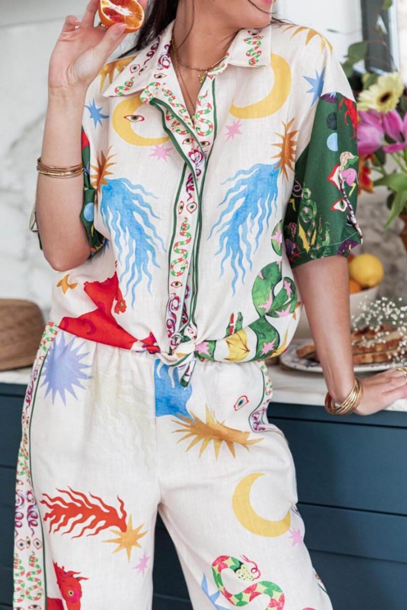Unique Print Short Sleeve Loose Shirt And Elastic Waist Pants Set-ROVOLE