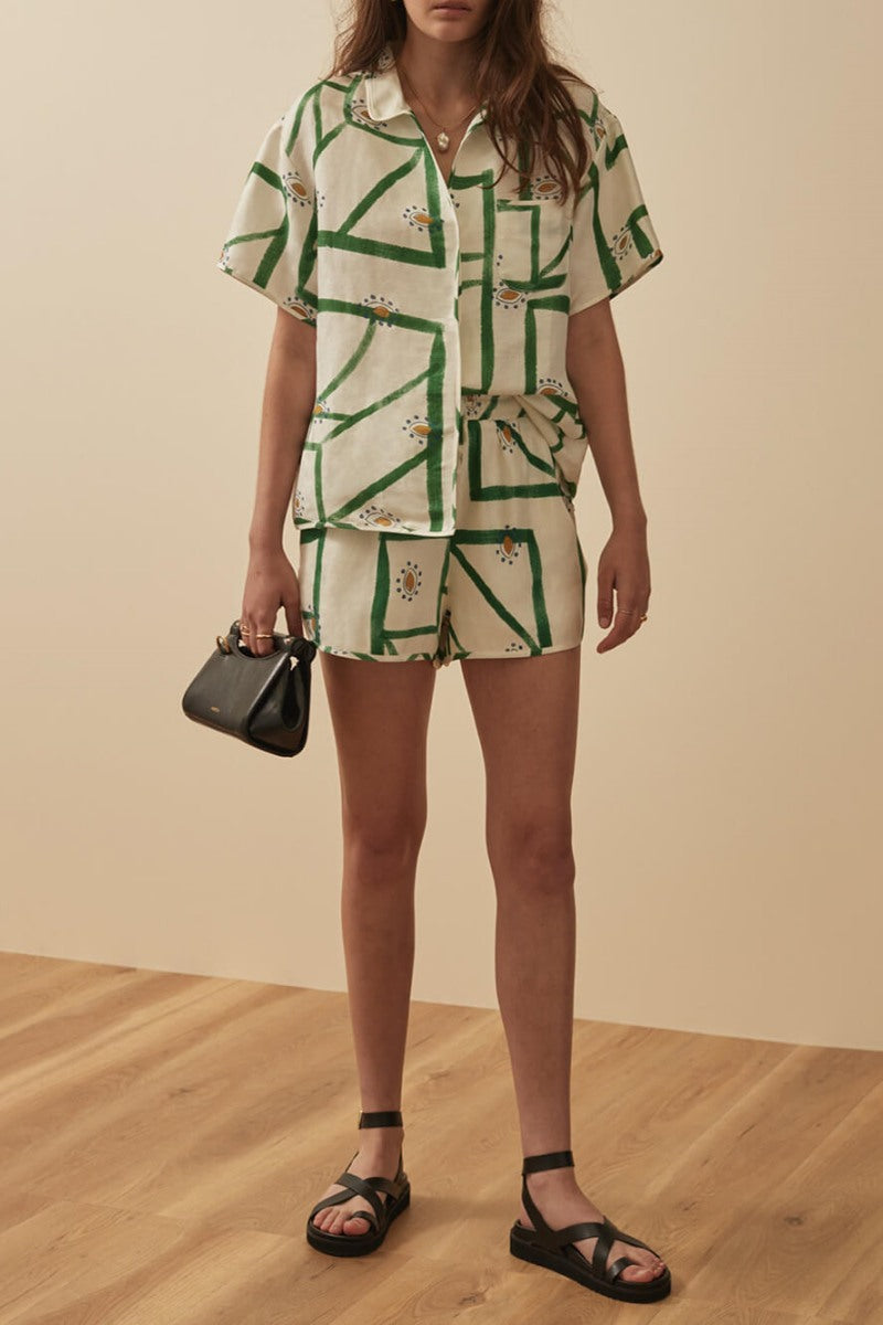 Unique Delicate Printed Loose Button Up Top Shorts Set-ROVOLE