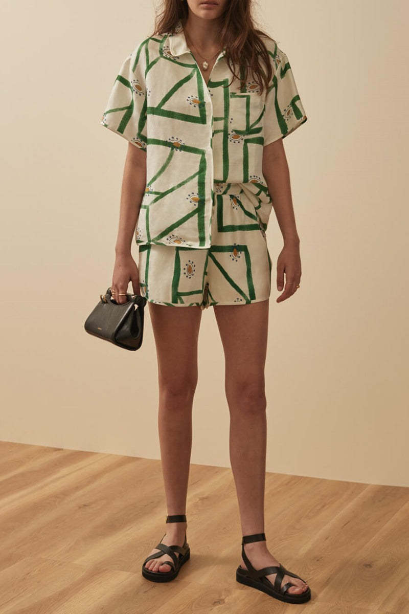 Unique Delicate Printed Loose Button Up Top Shorts Set-ROVOLE