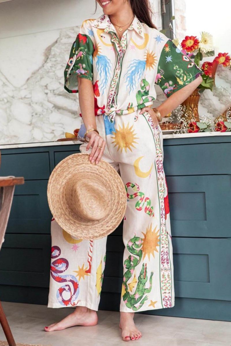 Unique Print Short Sleeve Loose Shirt And Elastic Waist Pants Set-ROVOLE