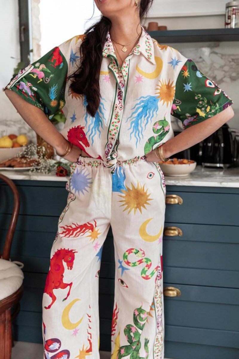Unique Print Short Sleeve Loose Shirt And Elastic Waist Pants Set-ROVOLE