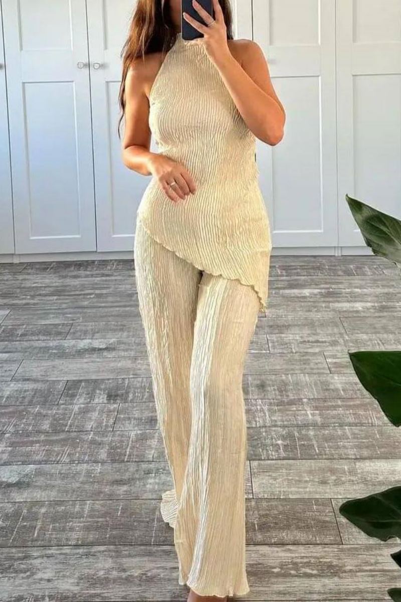 Sleeveless Halter Top High Waist Casual Wide Leg Trousers Suit-ROVOLE