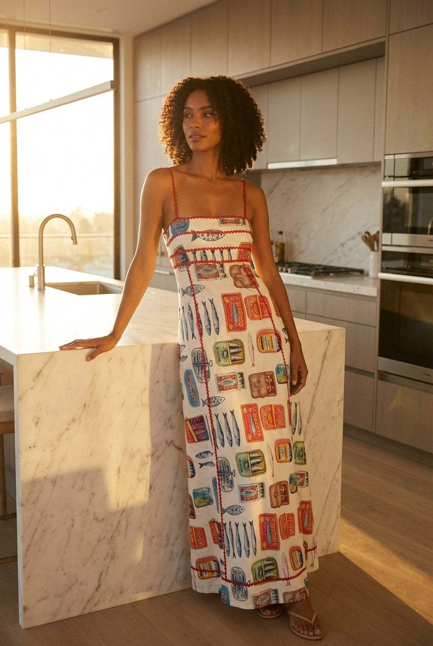 Coastal Catch Sardine Print Cotton Maxi Dress