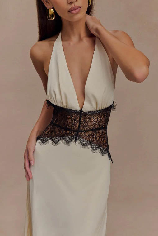 Halter Patchwork Backless Sexy Maxi Dress-ROVOLE