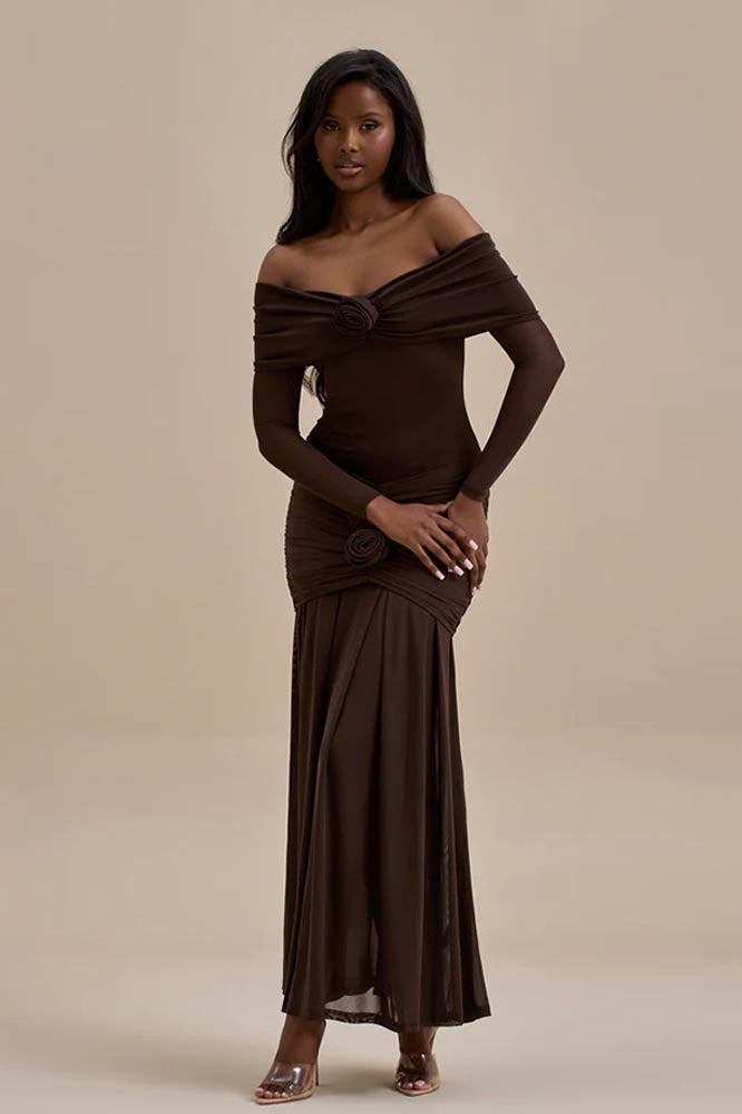 Off-Shoulder 3D Floral Bodycon Maxi Dress-ROVOLE