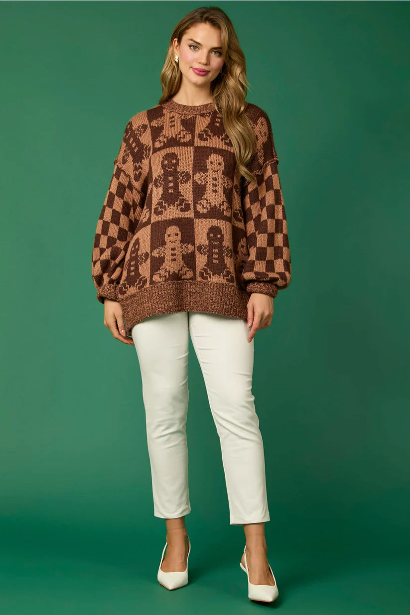 Candy Cane Christmas Needles & Gingerbread Man Knit Sweater-ROVOLE