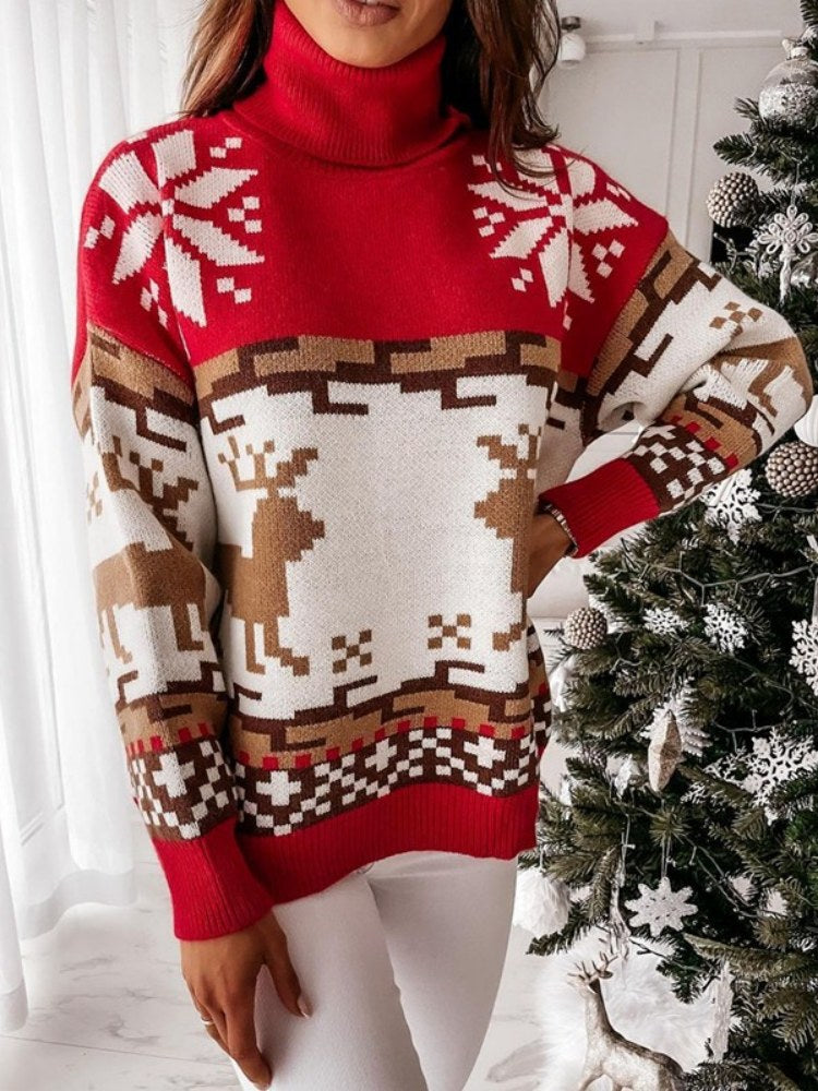 Knit Pullover with Embroidered Reindeer and Snowflake Design-ROVOLE