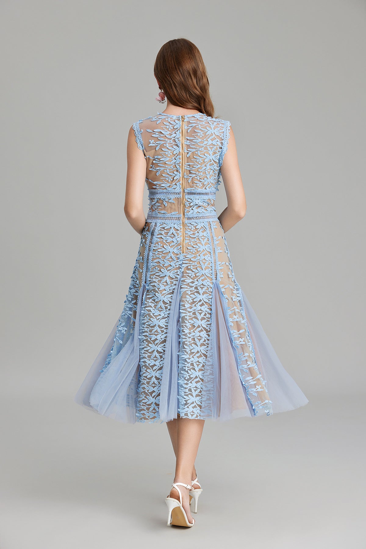 Maëlle Round Neck Mesh Embroidered Midi Dress In Beige-ROVOLE