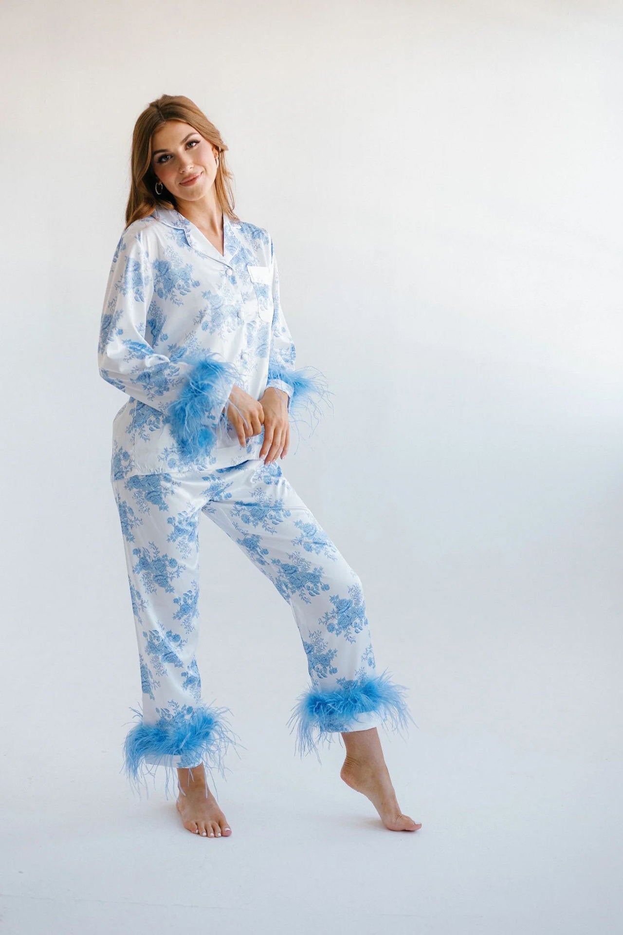 Blue Floral Print Satin Pajama Set-ROVOLE