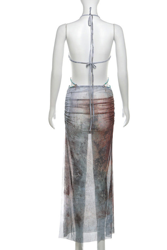 Eve Halterneck Shell Trim Maxi Mesh Dress-ROVOLE