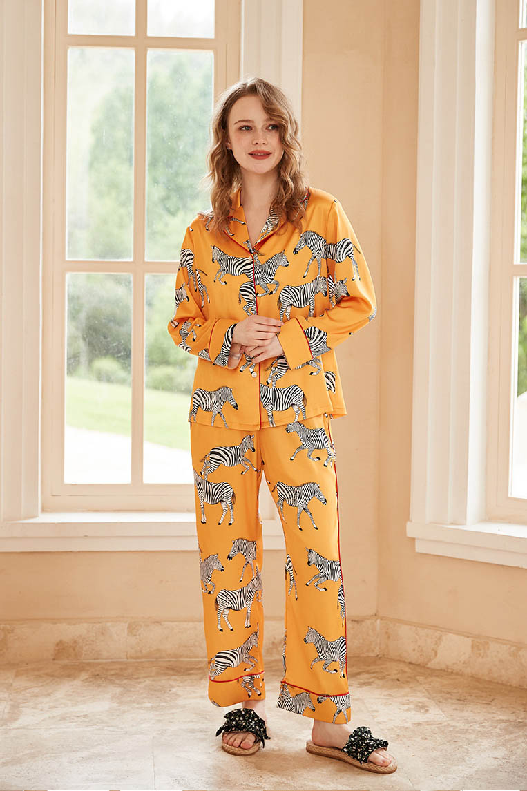 Zebra Print Long Sleeve Loungewear Set - Yellow-ROVOLE