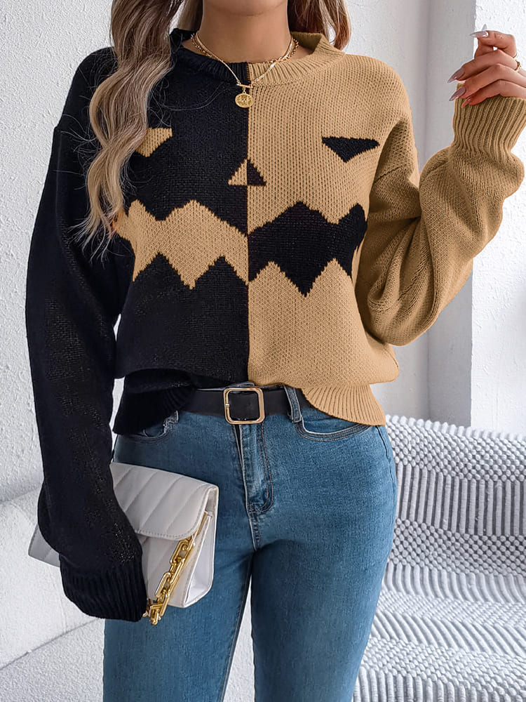 Ghost Pattern Long Sleeve Crew Neck Sweater-ROVOLE