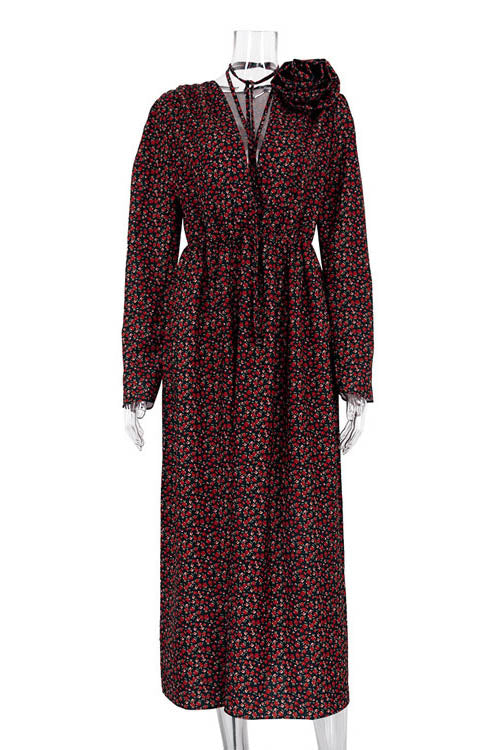 Bertha Flower V Neck Midi Dress-ROVOLE