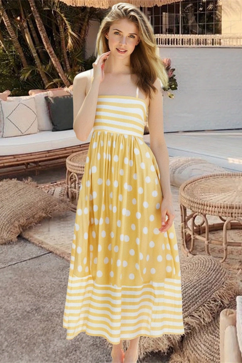 Polka Dot Square Neck Cami Midi  Dress-ROVOLE