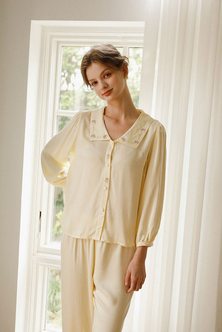 Satin Rose Embroidery Sleepwear Set-ROVOLE