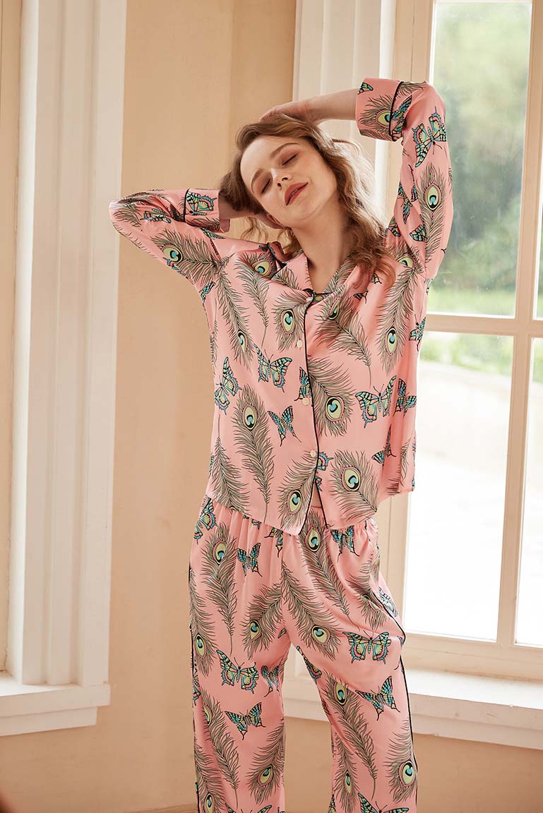 Phoenix Feather and Butterfly Print Long-Sleeve Pajama Set-ROVOLE