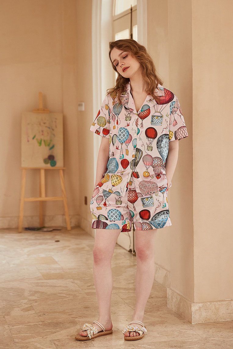 Hot Air Balloon Print Open-Front Short-Sleeve Pajama Set-ROVOLE