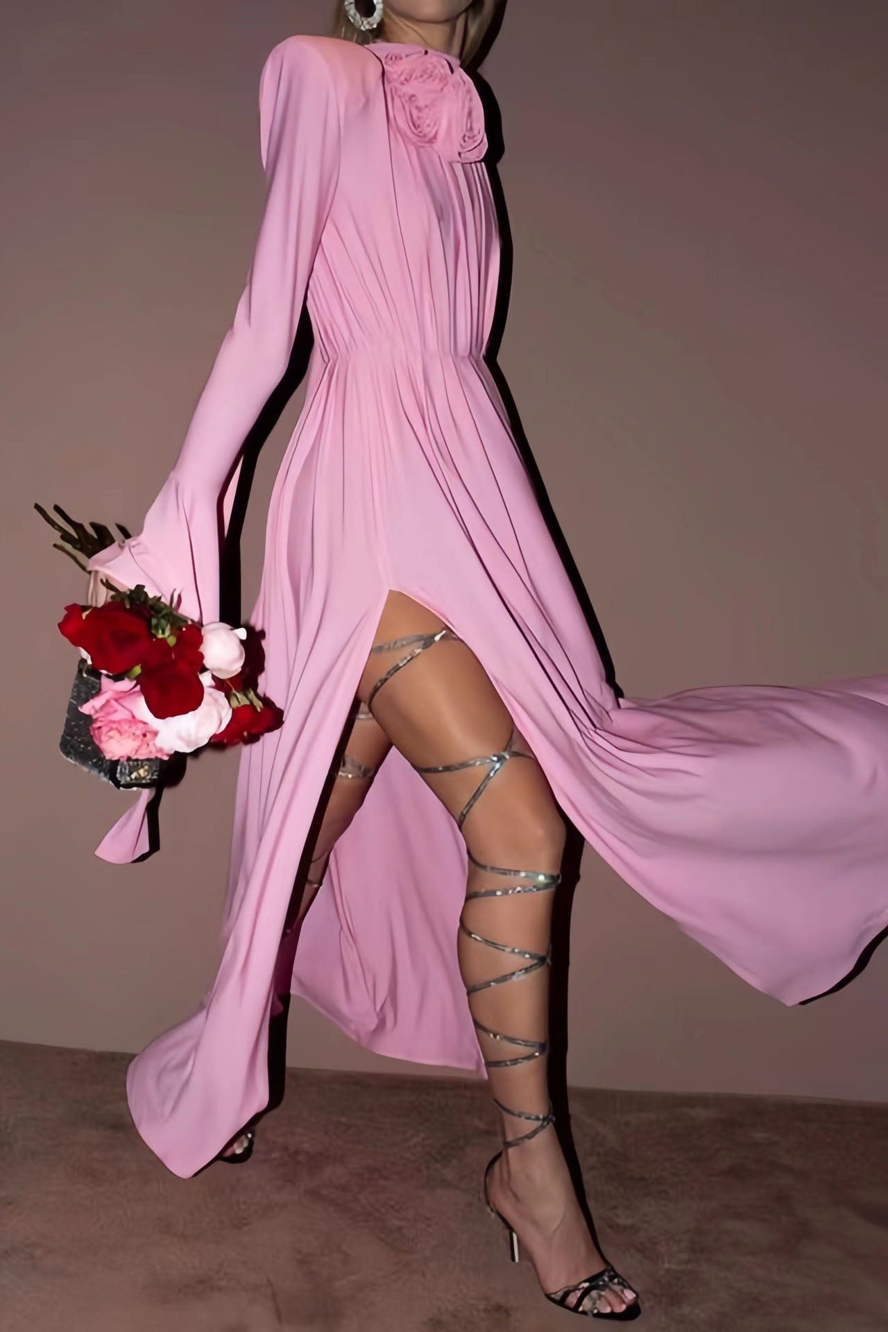 Luxury Vintage Cut-Out Deep V Halter 3D Floral Maxi Dress-ROVOLE