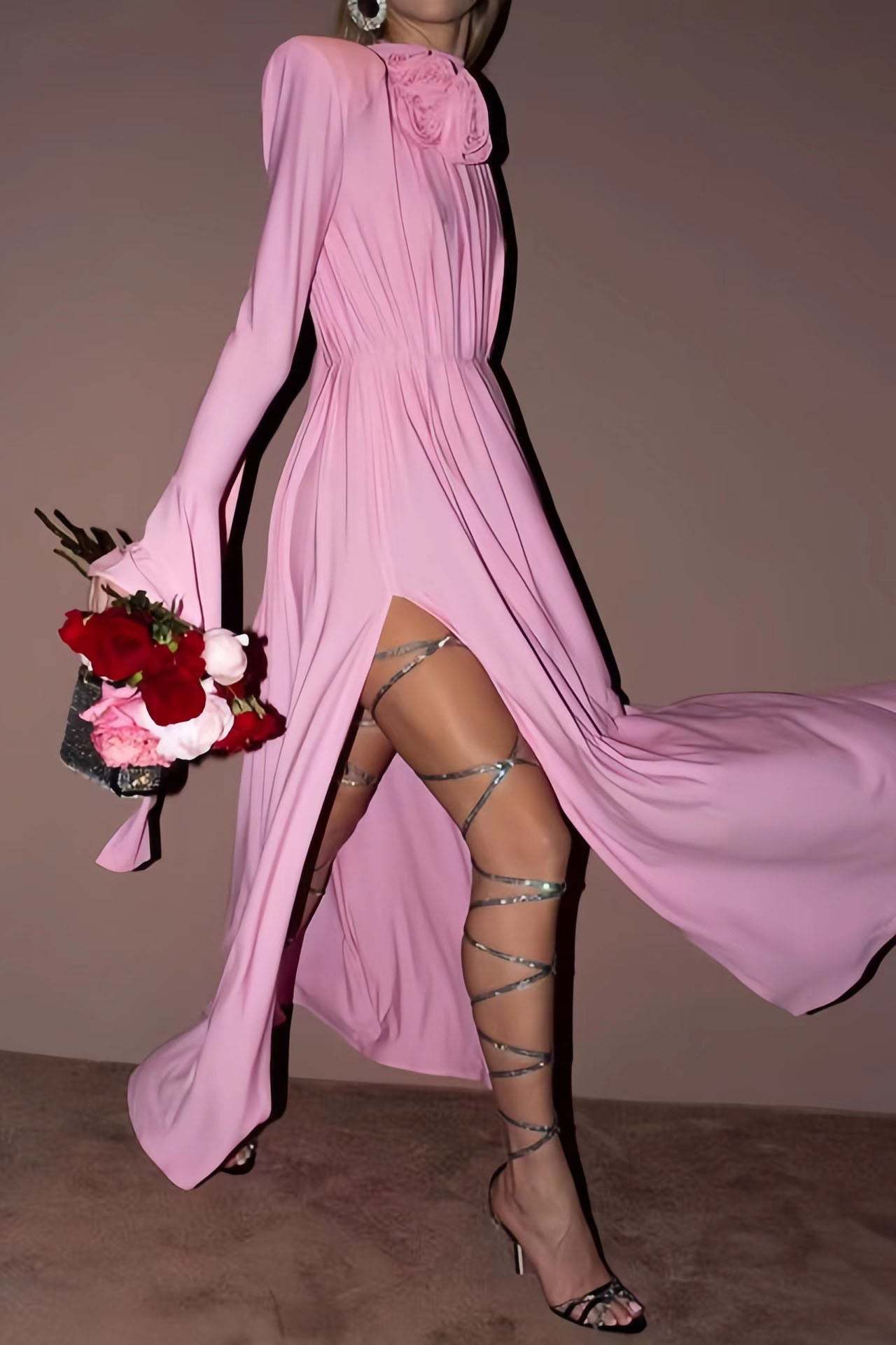 Luxury Vintage Cut-Out Deep V Halter 3D Floral Maxi Dress-ROVOLE