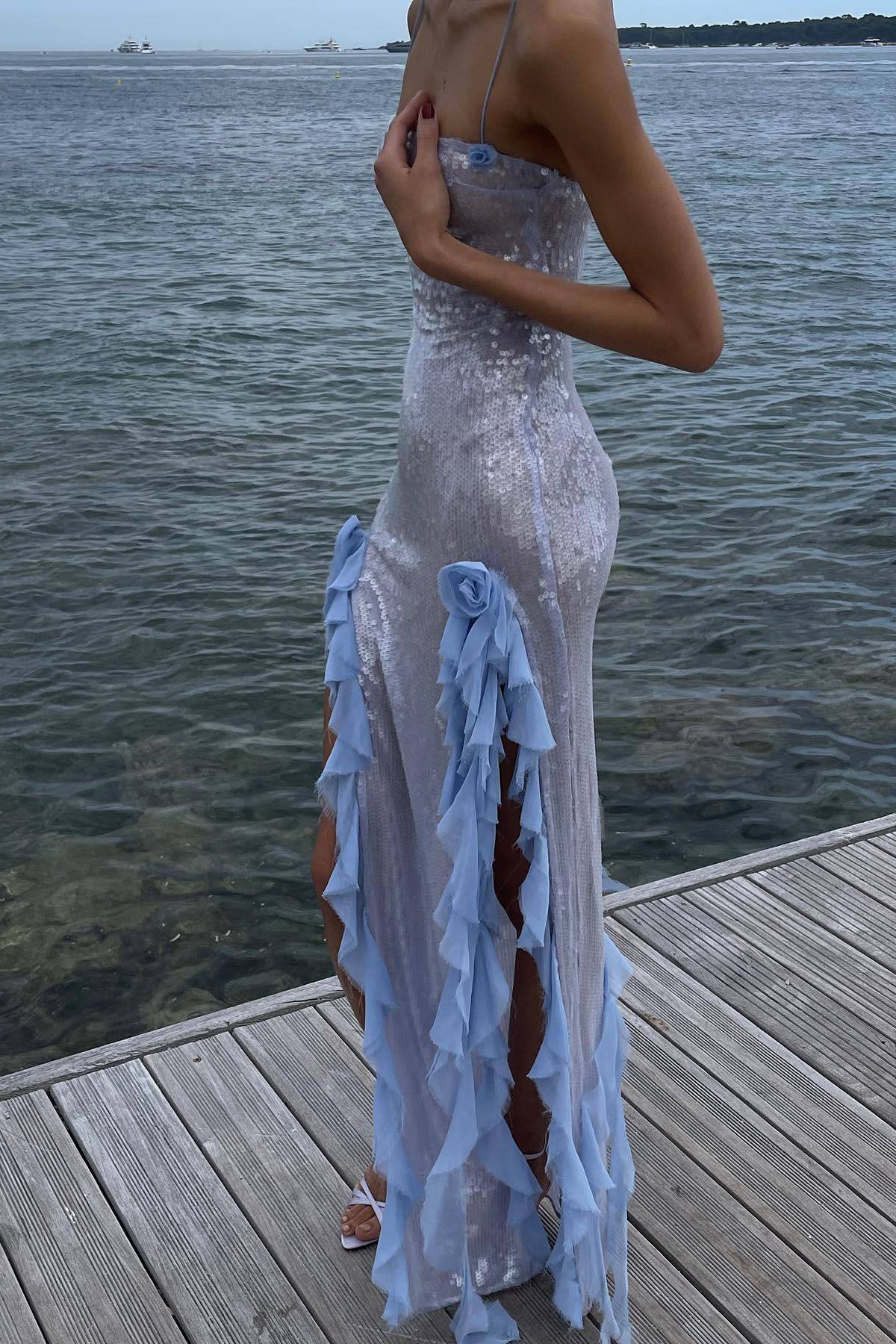 Sequin Sheer Side Slit Spaghetti Midi Dress-ROVOLE