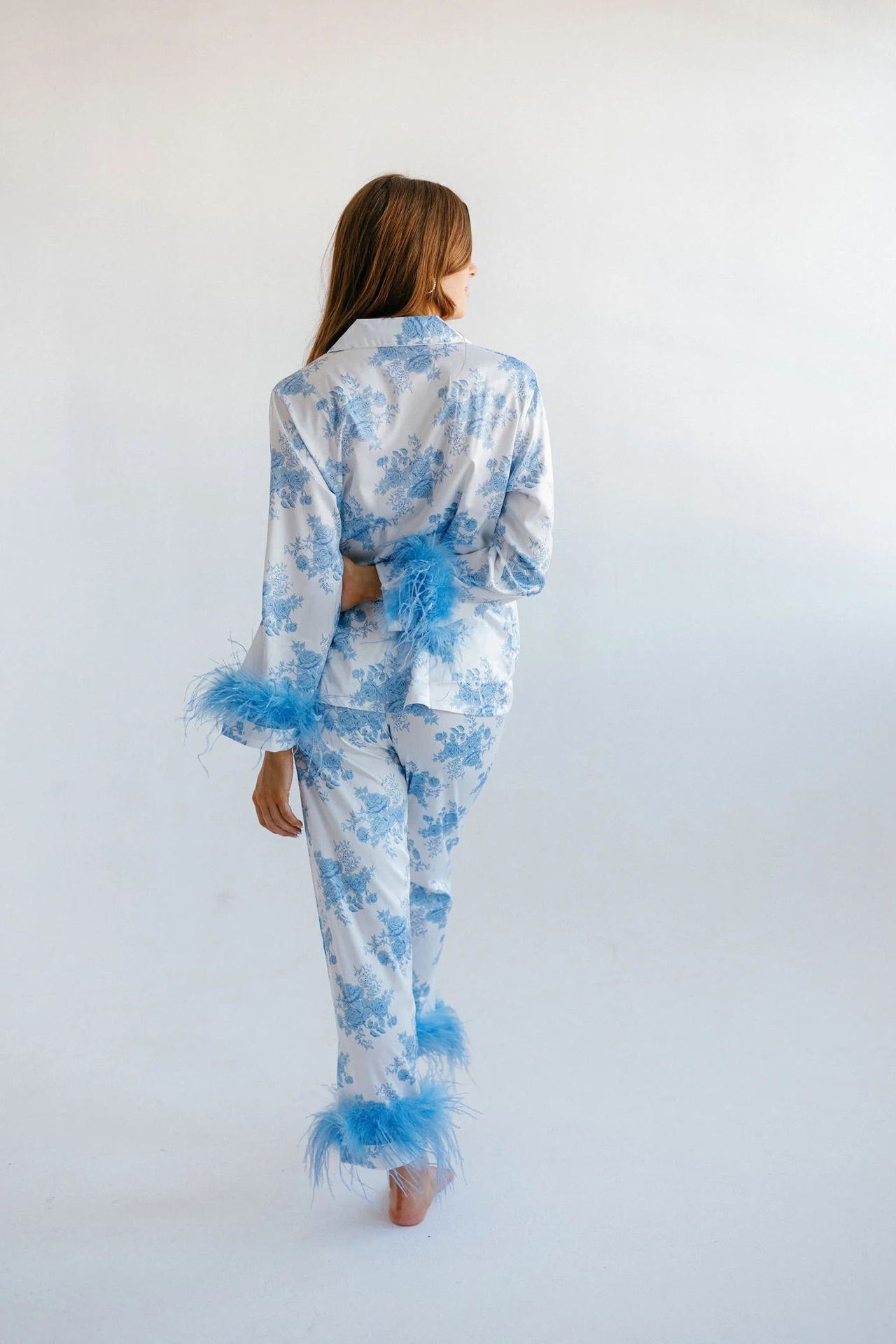 Blue Floral Print Satin Pajama Set-ROVOLE