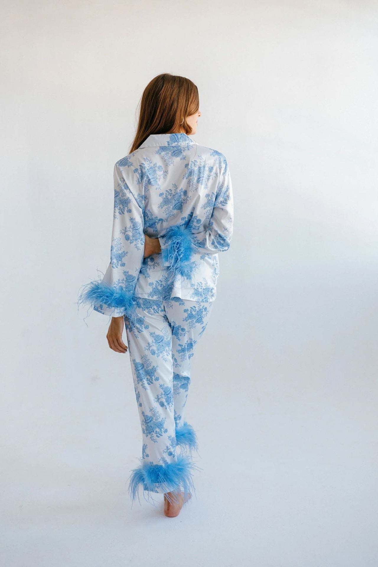 Blue Floral Print Satin Pajama Set-ROVOLE
