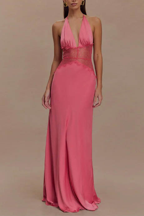 Halter Patchwork Backless Sexy Maxi Dress-ROVOLE