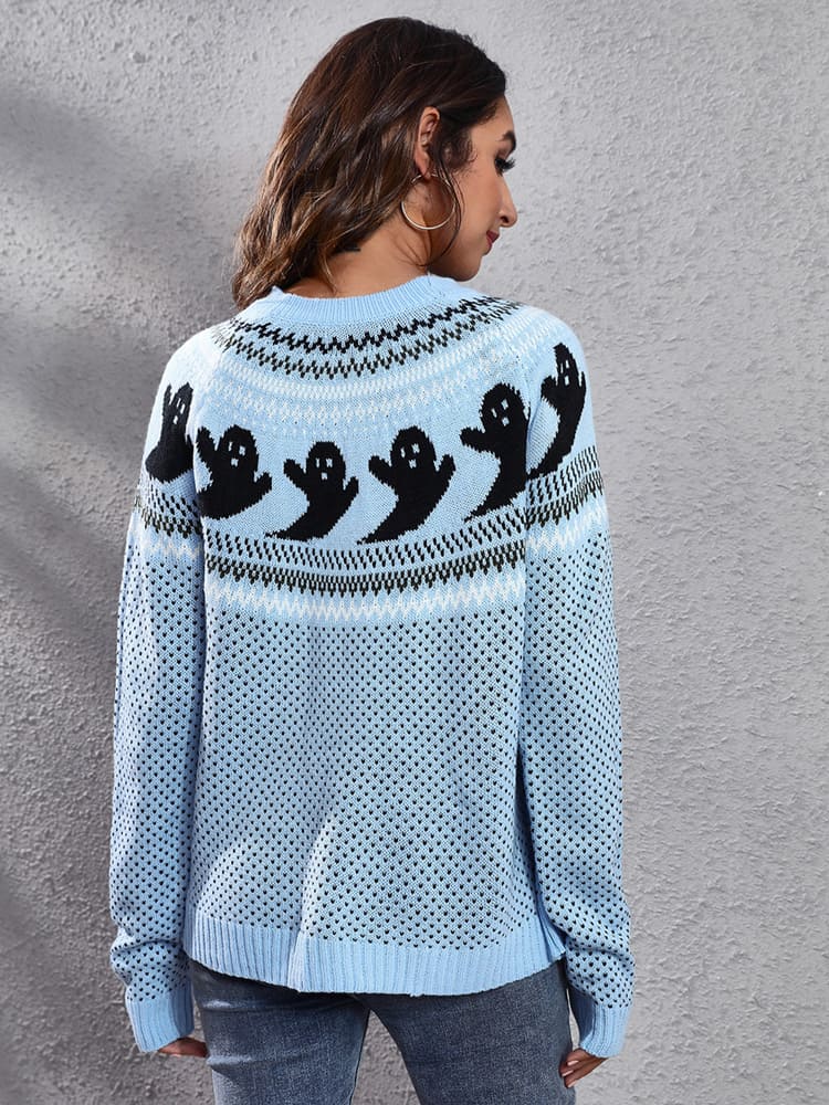 Literary Retro Ghost Pattern  Round Neck Knitted Sweater-ROVOLE