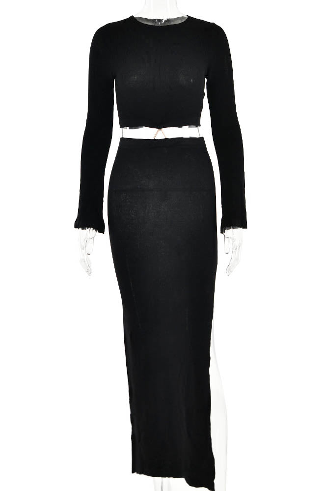 Crewneck Knit & Slit Skirt Set-ROVOLE